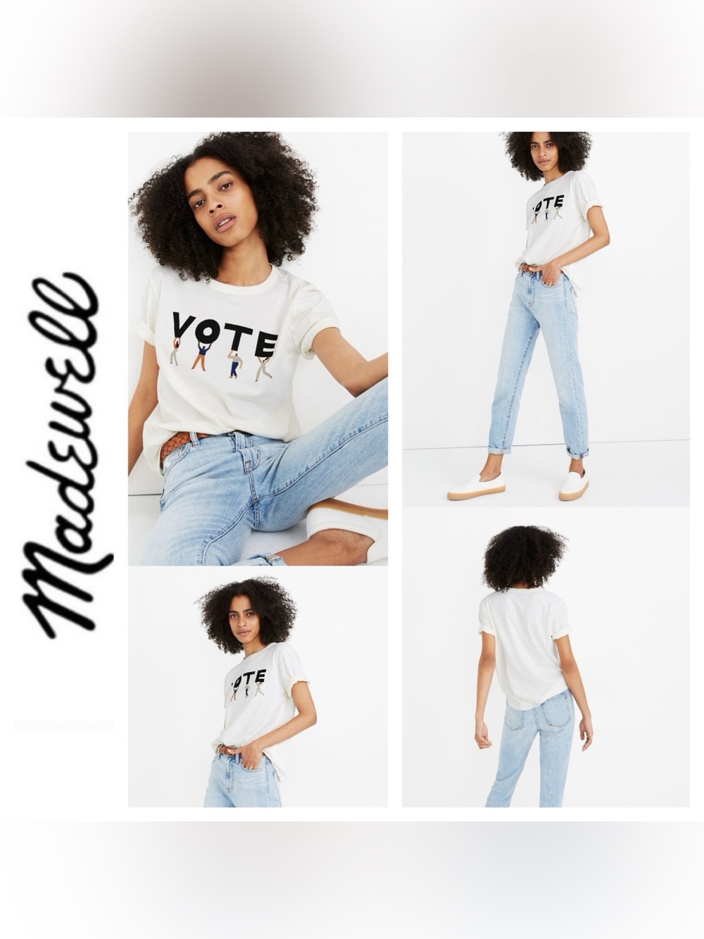 Madewell White Graphic Tee with Black 'VOTE' Text and Multicolor Figures